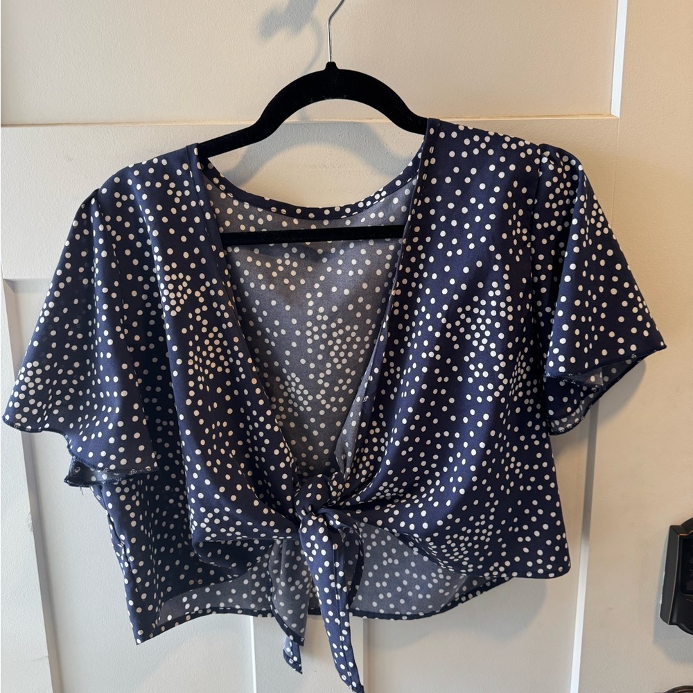 SHEIN Navy and White Polka Dot Tie-Front Blouse